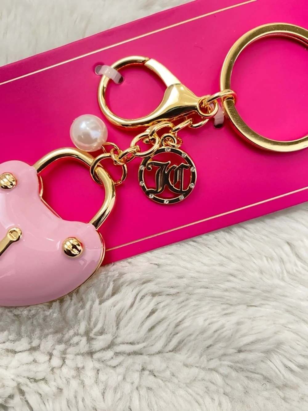 Juicy Couture Pink Heart Padlock Key & Card Holder Keychain with Gold Hardware